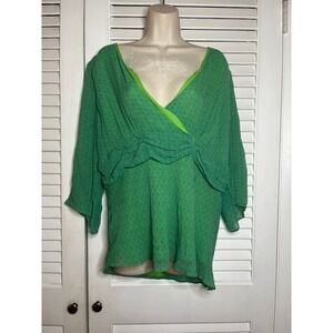 Silkland Woman 100%silk Green Paisley Print V Neck Blouse Flowy Lightweight  1X
